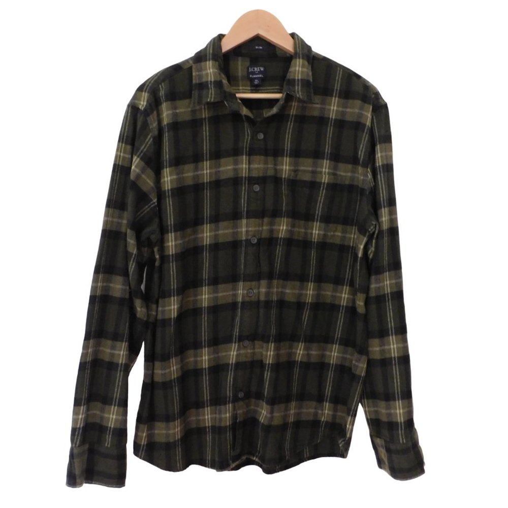 J Crew Mens Flannel Shirt Green Black Plaid Button Up Long Sleeve Size XL Slim